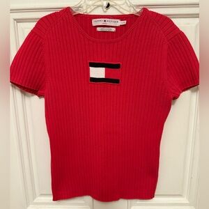 Vintage Y2K Tommy Hilfiger Logo Red Knit Short Sleeve Sweater Size Large